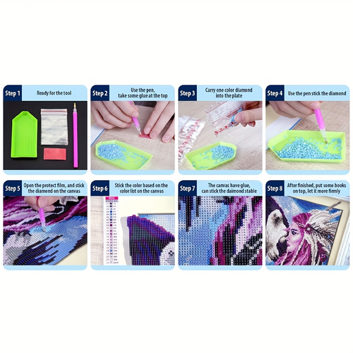 Step-by-step guide to diamond painting with tools and materials.