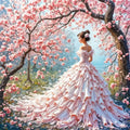 Woman in a pink dress standing under a cherry blossom tree