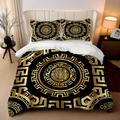 Bedding set with gold and black geometric pattern on a bed in a bedroom setting.