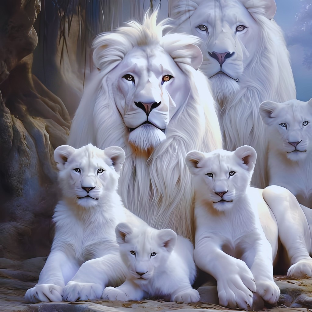 Group of white lions and cubs in a natural setting