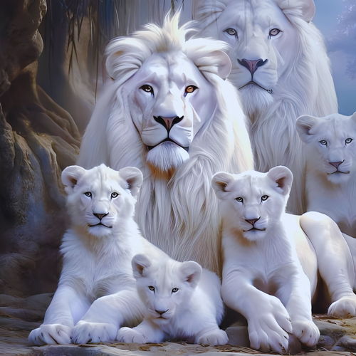 Group of white lions and cubs in a natural setting