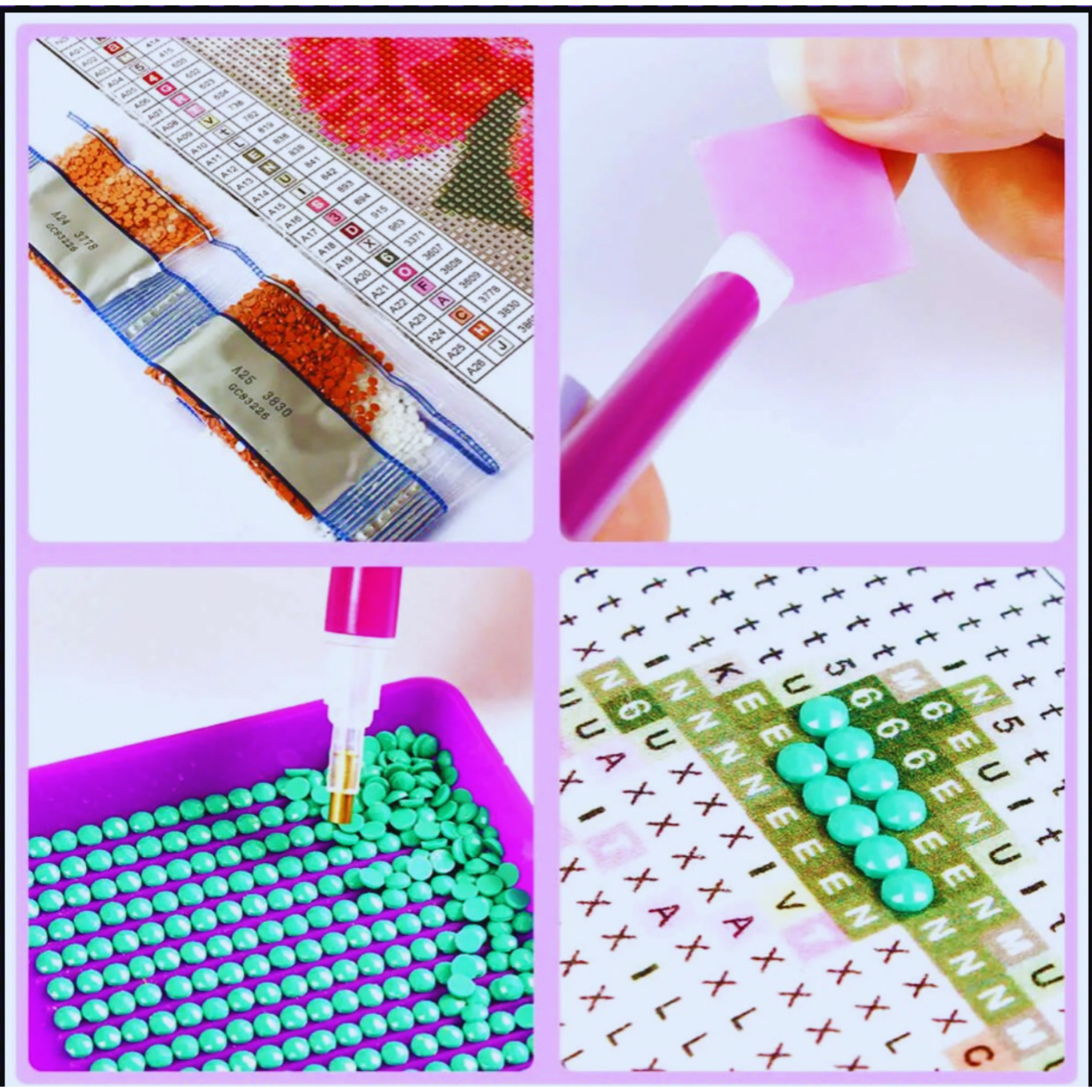 Collage of cross-stitching materials and tools including thread, needle, and a partially completed cross-stitch design.