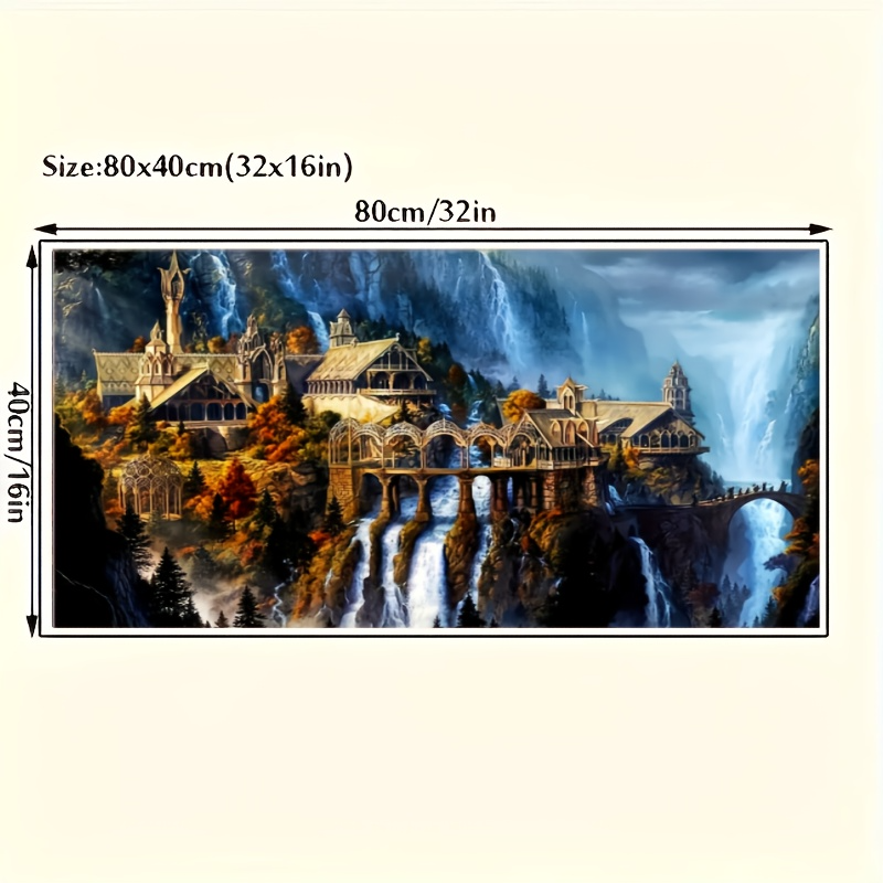 Framed artwork of a fantasy landscape with a castle and waterfall, showing dimensions.