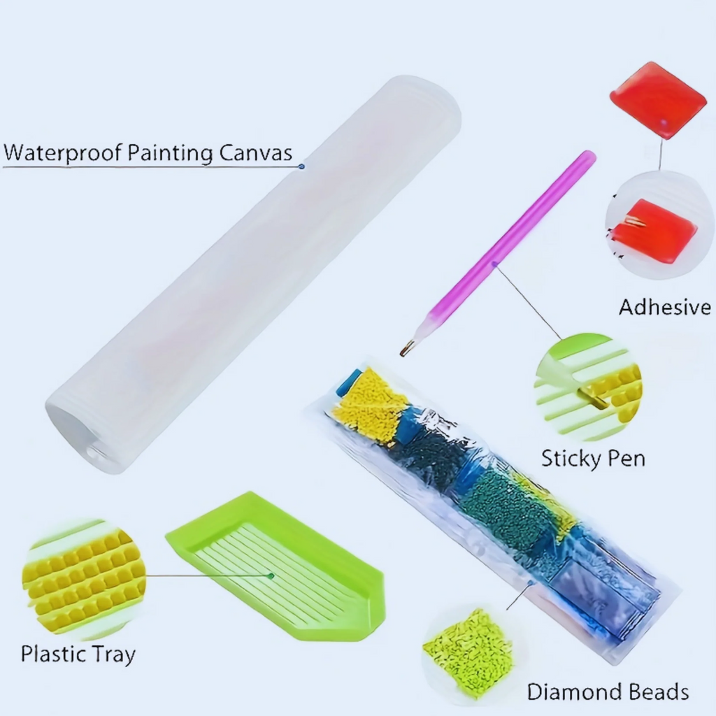 Set of diamond painting tools including a waterproof painting canvas, adhesive, sticky pen, plastic tray, and diamond beads.