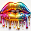 Colorful lips with gemstones and gold liquid on a white background