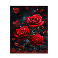 Red roses and heart-shaped objects on a dark background