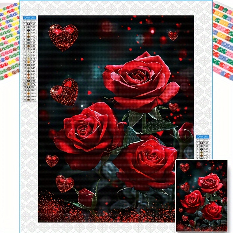 Diamond painting kit with red roses and hearts on a dark background