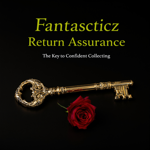 Decorative key and red rose on a black background with 'Fantastycz Return Assurance' text.