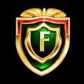 Decorative emblem with a gold 'F' on a green shield against a black background